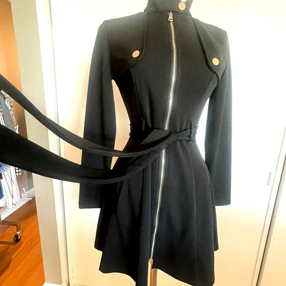 Main Strip Black Zip-Front Belted Dress Moto/Military Fit & Flare Size S - Picture 6 of 14